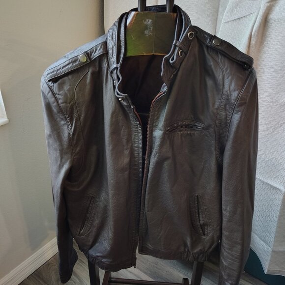 Vintage 1980’s Bomber Collarless Brown Leather Jacket - Picture 5 of 9